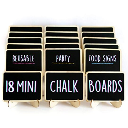 SAVVY & SORTED; SAVVY & SORTED Mini Chalkboard Signs for Food - 18 Small Chalk Signs + 3 White Chalk Sticks - Food Signs for Party - Little Chalkboards - Party Food Labels Buffet Cheese Signs Candy Table Supplies; Category:Entertaining & Catering Supplies; Image:1